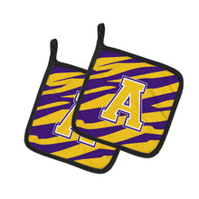 Load image into Gallery viewer, Letter A Monogram - Tiger Stripe - Purple Gold Pot Holders - Set of 2 - Heat-Resistant Kitchen Essentials CJ1022-APTHD