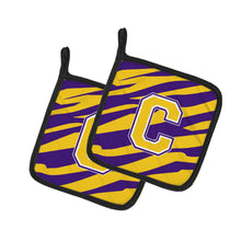 Load image into Gallery viewer, Letter C Monogram - Tiger Stripe - Purple Gold Pot Holders - Set of 2 - Heat-Resistant Kitchen Essentials CJ1022-CPTHD
