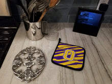 Load image into Gallery viewer, Letter O Monogram - Tiger Stripe - Purple Gold Pot Holders - Set of 2 - Heat-Resistant Kitchen Essentials CJ1022-OPTHD