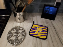 Load image into Gallery viewer, Letter P Monogram - Tiger Stripe - Purple Gold Pot Holders - Set of 2 - Heat-Resistant Kitchen Essentials CJ1022-PPTHD