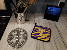 Load image into Gallery viewer, Letter T Monogram - Tiger Stripe - Purple Gold Pot Holders - Set of 2 - Heat-Resistant Kitchen Essentials CJ1022-TPTHD
