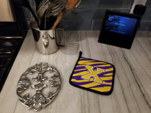 Load image into Gallery viewer, Letter X Monogram - Tiger Stripe - Purple Gold Pot Holders - Set of 2 - Heat-Resistant Kitchen Essentials CJ1022-XPTHD