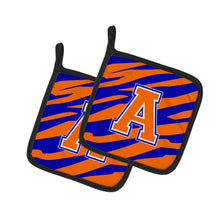 Load image into Gallery viewer, Letter A Monogram - Orange Blue Tiger Stripe Pot Holders - Set of 2 - Heat-Resistant Kitchen Essentials CJ1023-APTHD