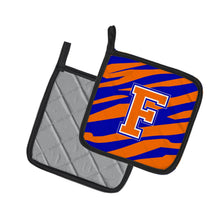 Load image into Gallery viewer, Monogram Initial F Tiger Stripe - Blue Orange Pot Holders - Set of 2 - Heat-Resistant Kitchen Essentials CJ1023-FPTHD