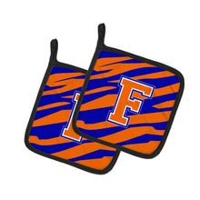 Load image into Gallery viewer, Monogram Initial F Tiger Stripe - Blue Orange Pot Holders - Set of 2 - Heat-Resistant Kitchen Essentials CJ1023-FPTHD