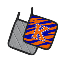Load image into Gallery viewer, Monogram Initial K Tiger Stripe - Blue Orange Pot Holders - Set of 2 - Heat-Resistant Kitchen Essentials CJ1023-KPTHD
