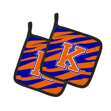 Load image into Gallery viewer, Monogram Initial K Tiger Stripe - Blue Orange Pot Holders - Set of 2 - Heat-Resistant Kitchen Essentials CJ1023-KPTHD