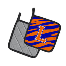 Load image into Gallery viewer, Monogram Initial L Tiger Stripe - Blue Orange Pot Holders - Set of 2 - Heat-Resistant Kitchen Essentials CJ1023-LPTHD