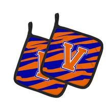 Load image into Gallery viewer, Monogram Initial V Tiger Stripe - Blue Orange Pot Holders - Set of 2 - Heat-Resistant Kitchen Essentials CJ1023-VPTHD