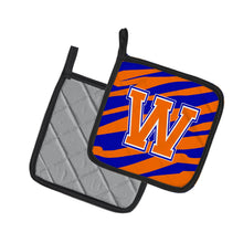 Load image into Gallery viewer, Monogram Initial W Tiger Stripe - Blue Orange Pot Holders - Set of 2 - Heat-Resistant Kitchen Essentials CJ1023-WPTHD