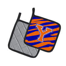 Load image into Gallery viewer, Monogram Initial Y Tiger Stripe - Blue Orange Pot Holders - Set of 2 - Heat-Resistant Kitchen Essentials CJ1023-YPTHD