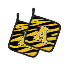 Load image into Gallery viewer, Letter A Monogram - Black Gold Tiger Stripe Pot Holders - Set of 2 - Heat-Resistant Kitchen Essentials CJ1026-APTHD