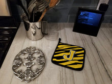 Load image into Gallery viewer, Monogram Initial J Tiger Stripe - Black Gold Pot Holders - Set of 2 - Heat-Resistant Kitchen Essentials CJ1026-JPTHD