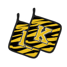 Load image into Gallery viewer, Monogram Initial K Tiger Stripe - Black Gold Pot Holders - Set of 2 - Heat-Resistant Kitchen Essentials CJ1026-KPTHD