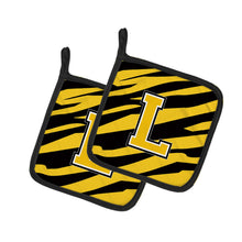 Load image into Gallery viewer, Monogram Initial L Tiger Stripe - Black Gold Pot Holders - Set of 2 - Heat-Resistant Kitchen Essentials CJ1026-LPTHD
