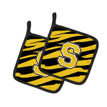 Load image into Gallery viewer, Monogram Initial S Tiger Stripe - Black Gold Pot Holders - Set of 2 - Heat-Resistant Kitchen Essentials CJ1026-SPTHD