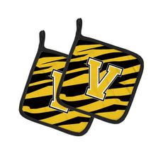 Load image into Gallery viewer, Monogram Initial V Tiger Stripe - Black Gold Pot Holders - Set of 2 - Heat-Resistant Kitchen Essentials CJ1026-VPTHD