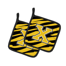 Load image into Gallery viewer, Monogram Initial X Tiger Stripe - Black Gold Pot Holders - Set of 2 - Heat-Resistant Kitchen Essentials CJ1026-XPTHD