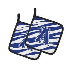 Load image into Gallery viewer, Letter A Monogram - Blue White Tiger Stripe Pot Holders - Set of 2 - Heat-Resistant Kitchen Essentials CJ1034-APTHD