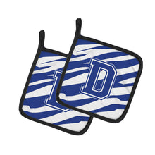 Load image into Gallery viewer, Monogram Initial D Tiger Stripe Blue and White Pot Holders - Set of 2 - Heat-Resistant Kitchen Essentials CJ1034-DPTHD