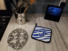 Load image into Gallery viewer, Monogram Initial J Tiger Stripe Blue and White Pot Holders - Set of 2 - Heat-Resistant Kitchen Essentials CJ1034-JPTHD
