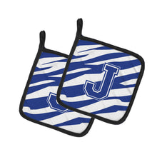 Load image into Gallery viewer, Monogram Initial J Tiger Stripe Blue and White Pot Holders - Set of 2 - Heat-Resistant Kitchen Essentials CJ1034-JPTHD