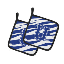 Load image into Gallery viewer, Monogram Initial U Tiger Stripe Blue and White Pot Holders - Set of 2 - Heat-Resistant Kitchen Essentials CJ1034-UPTHD