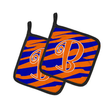 Load image into Gallery viewer, Monogram Initial B Tiger Stripe Blue and Orange Pot Holders - Set of 2 - Heat-Resistant Kitchen Essentials CJ1036-BPTHD
