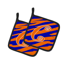 Load image into Gallery viewer, Monogram Initial C Tiger Stripe Blue and Orange Pot Holders - Set of 2 - Heat-Resistant Kitchen Essentials CJ1036-CPTHD