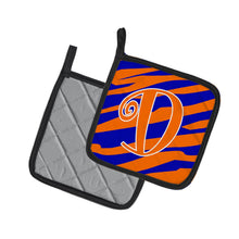 Load image into Gallery viewer, Monogram Initial D Tiger Stripe Blue and Orange Pot Holders - Set of 2 - Heat-Resistant Kitchen Essentials CJ1036-DPTHD