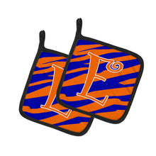 Load image into Gallery viewer, Monogram Initial E Tiger Stripe Blue and Orange Pot Holders - Set of 2 - Heat-Resistant Kitchen Essentials CJ1036-EPTHD