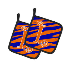 Load image into Gallery viewer, Monogram Initial L Tiger Stripe Blue and Orange Pot Holders - Set of 2 - Heat-Resistant Kitchen Essentials CJ1036-LPTHD