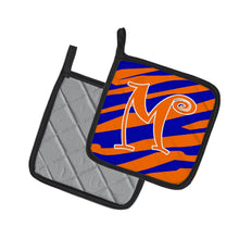 Load image into Gallery viewer, Monogram Initial M Tiger Stripe Blue and Orange Pot Holders - Set of 2 - Heat-Resistant Kitchen Essentials CJ1036-MPTHD