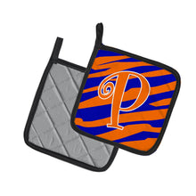 Load image into Gallery viewer, Monogram Initial P Tiger Stripe Blue and Orange Pot Holders - Set of 2 - Heat-Resistant Kitchen Essentials CJ1036-PPTHD