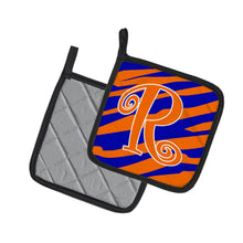 Load image into Gallery viewer, Monogram Initial R Tiger Stripe Blue and Orange Pot Holders - Set of 2 - Heat-Resistant Kitchen Essentials CJ1036-RPTHD
