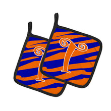 Load image into Gallery viewer, Monogram Initial T Tiger Stripe Blue and Orange Pot Holders - Set of 2 - Heat-Resistant Kitchen Essentials CJ1036-TPTHD
