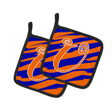 Load image into Gallery viewer, Monogram Initial U Tiger Stripe Blue and Orange Pot Holders - Set of 2 - Heat-Resistant Kitchen Essentials CJ1036-UPTHD