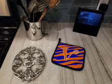 Load image into Gallery viewer, Monogram Initial V Tiger Stripe Blue and Orange Pot Holders - Set of 2 - Heat-Resistant Kitchen Essentials CJ1036-VPTHD