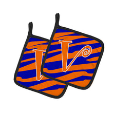 Load image into Gallery viewer, Monogram Initial V Tiger Stripe Blue and Orange Pot Holders - Set of 2 - Heat-Resistant Kitchen Essentials CJ1036-VPTHD