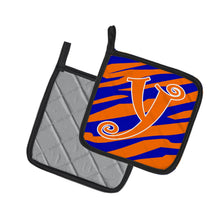 Load image into Gallery viewer, Monogram Initial Y Tiger Stripe Blue and Orange Pot Holders - Set of 2 - Heat-Resistant Kitchen Essentials CJ1036-YPTHD