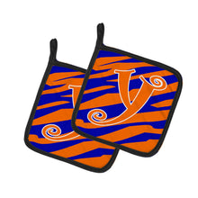 Load image into Gallery viewer, Monogram Initial Y Tiger Stripe Blue and Orange Pot Holders - Set of 2 - Heat-Resistant Kitchen Essentials CJ1036-YPTHD
