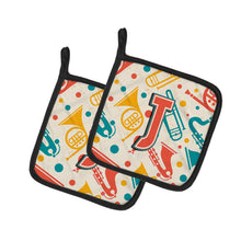 Load image into Gallery viewer, Letter J Retro Teal Orange Musical Instruments Initial Pot Holders - Set of 2 - Heat-Resistant Kitchen Essentials CJ2001-JPTHD