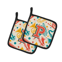 Load image into Gallery viewer, Letter P Retro Teal Orange Musical Instruments Initial Pot Holders - Set of 2 - Heat-Resistant Kitchen Essentials CJ2001-PPTHD