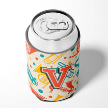 Load image into Gallery viewer, Letter V Retro Teal Orange Musical Instruments Initial Can or Bottle Hugger CJ2001-VCC