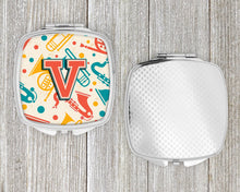 Load image into Gallery viewer, Letter V Retro Teal Orange Musical Instruments Initial Compact Mirror – Stylish Purse Mirror with Artistic Covers CJ2001-VSCM