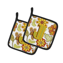 Load image into Gallery viewer, Letter J Floral Mustard and Green Pot Holders - Set of 2 - Heat-Resistant Kitchen Essentials CJ2003-JPTHD