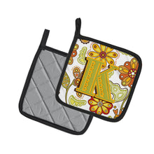 Load image into Gallery viewer, Letter K Floral Mustard and Green Pot Holders - Set of 2 - Heat-Resistant Kitchen Essentials CJ2003-KPTHD