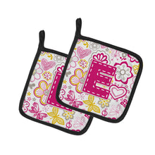 Load image into Gallery viewer, Letter E Flowers and Butterflies Pink Pot Holders - Set of 2 - Heat-Resistant Kitchen Essentials CJ2005-EPTHD