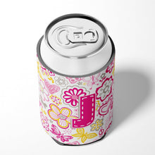 Load image into Gallery viewer, Letter J Flowers and Butterflies Pink Can or Bottle Hugger CJ2005-JCC