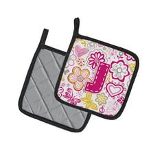 Load image into Gallery viewer, Letter J Flowers and Butterflies Pink Pot Holders - Set of 2 - Heat-Resistant Kitchen Essentials CJ2005-JPTHD